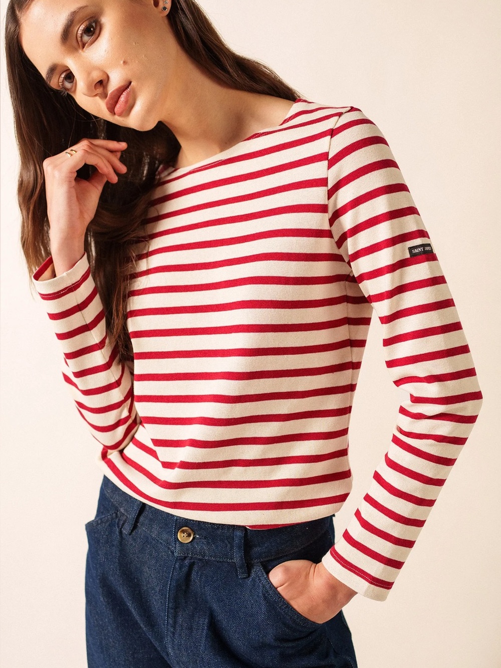 Saint James Breton Shirt in Ecru/Maroon - Size 8